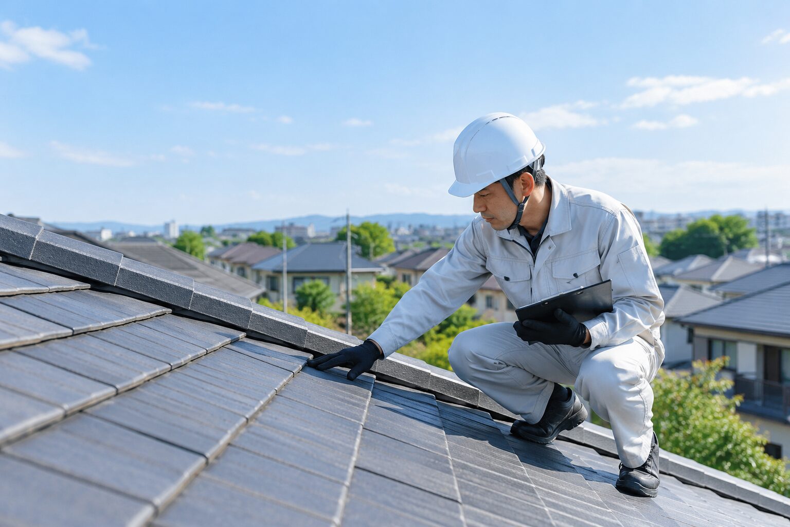 戸建て住宅の屋根を点検している様子