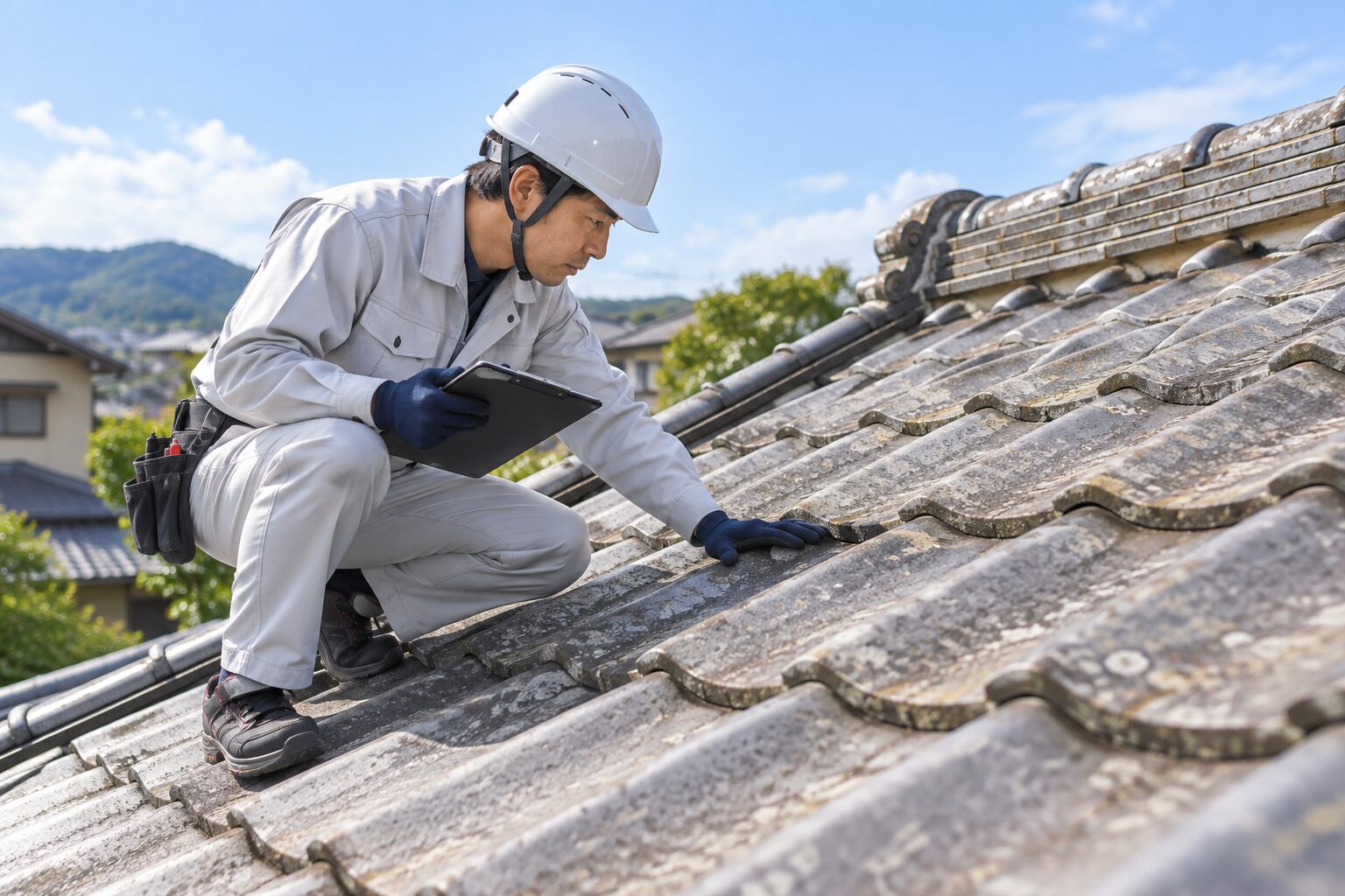 築年数が経った住宅の屋根を点検する様子
