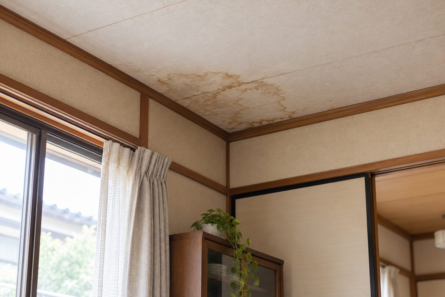 古い住宅の天井にできた雨漏りによるシミ